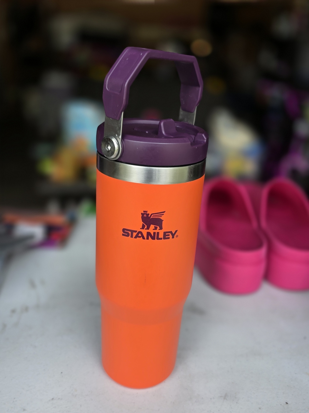 Stanley Bright Orange Tumbler with Purple Lid and Handle
